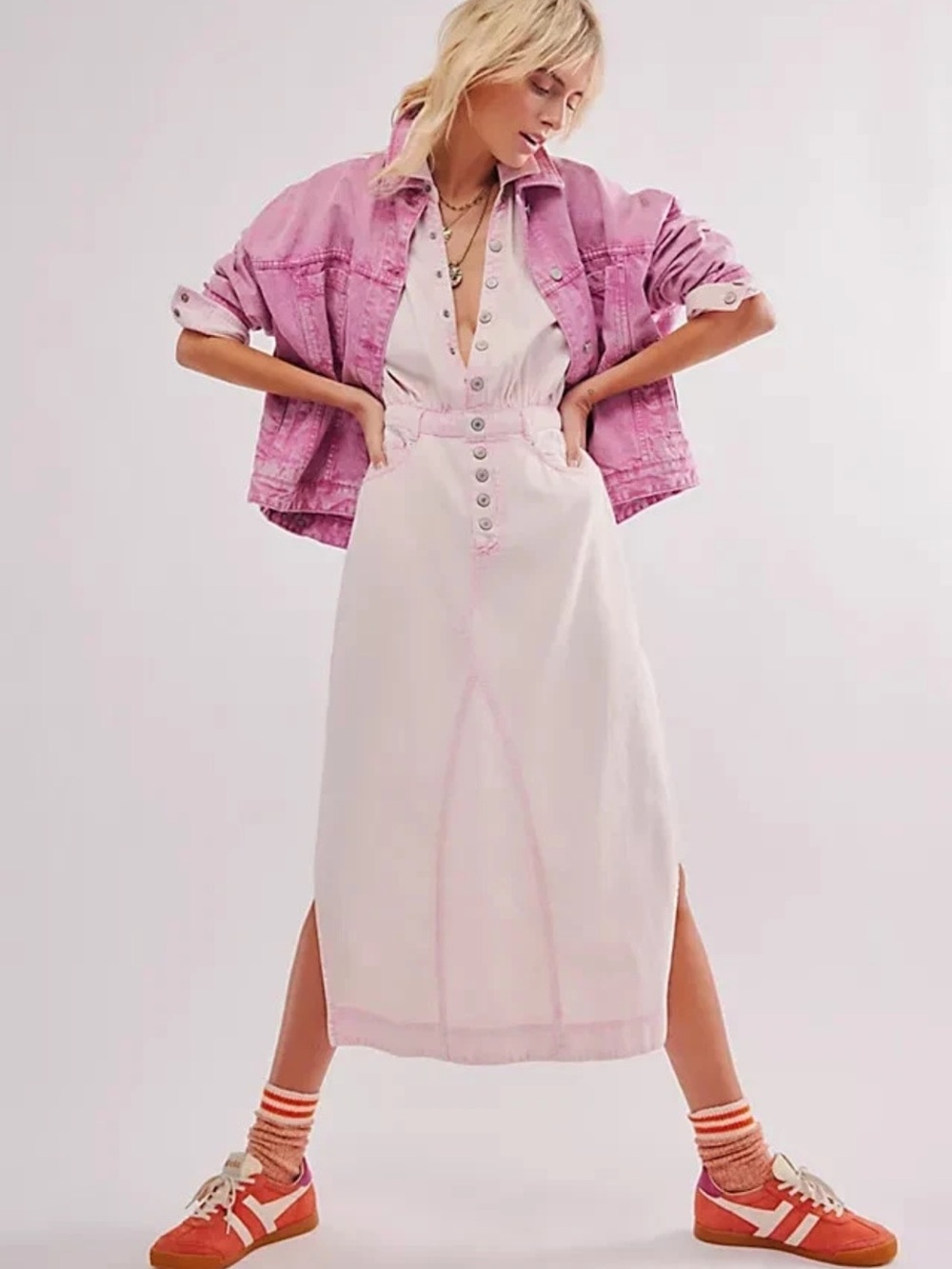 Free People Mad Love Denim Midi Dress Side Slits Long Sleeve in Pink